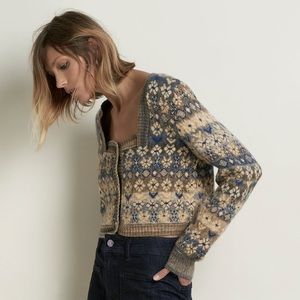 Zara knitted jacquard square neck buttoned boxy cardigan